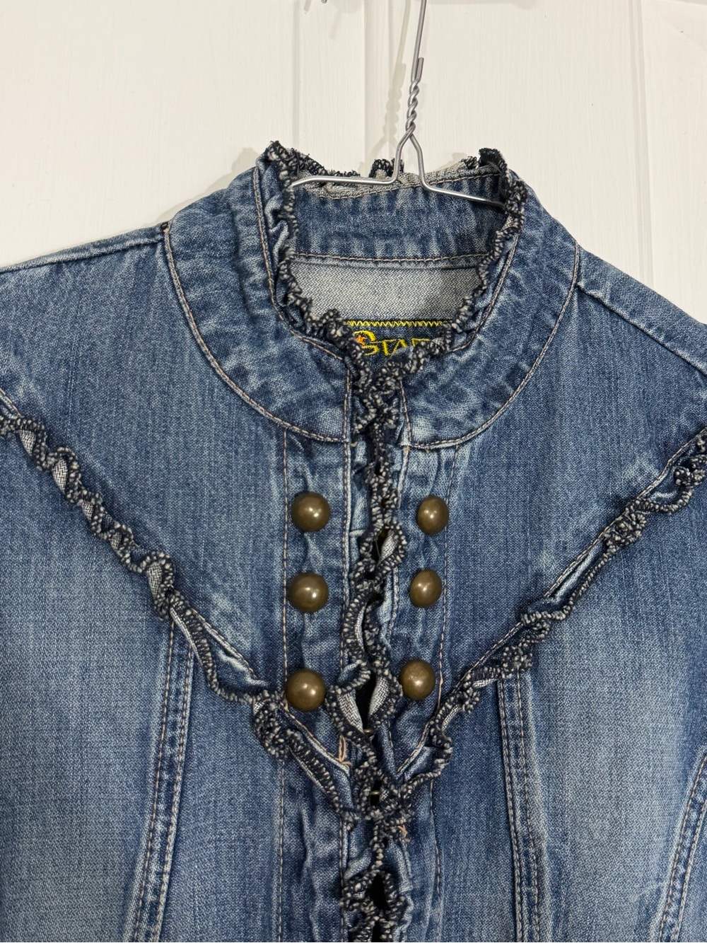 Y2K Western Star Jeans Denim Ruffle-Trim Jacket - Blue - Picture 3 of 7